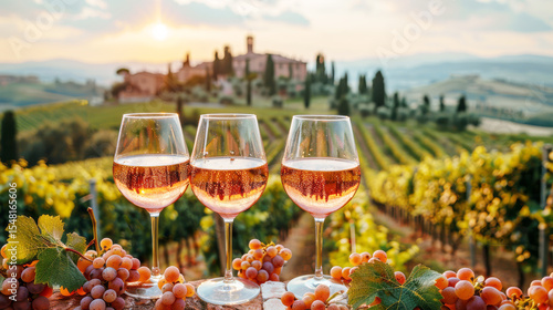 Rose Wine Toast: Three elegant glasses of rose wine stand in a scenic vineyard, catching the warm light of the setting sun, as they embody a picture of tranquility and sophistication.