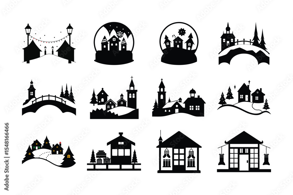Obraz premium Winter Village Silhouette Icons Black and White Christmas Town Illustrations for Holiday Designs
