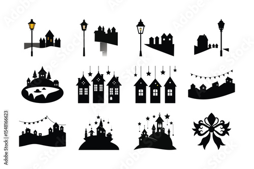 Winter Village Silhouettes A Collection of 12 Unique Black and White Illustrations