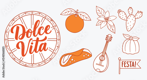 Dolce Vita festa icon set. Sicilian orange, jasmine bloom, prickly pear, cannoli, mandolin, pumpkin gourd and party flag around vintage cart wheel badge