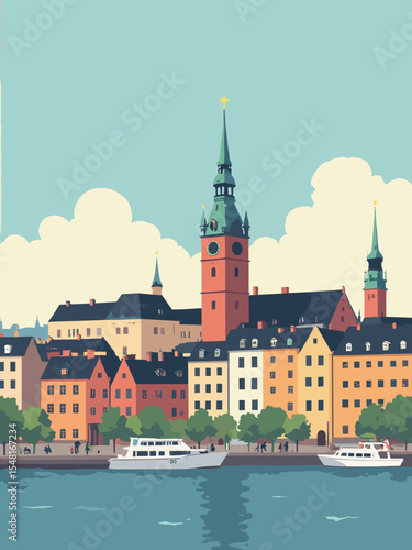 Stockholm, Sweden - Gamla Stan, City Hall, Royal Palace in pastel old town, red brick hall, cream palace, and archipelago blue