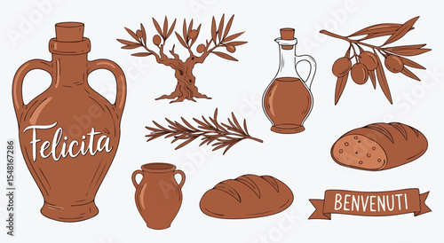 Felicita rustic farmhouse set. Terracotta amphora jugs, ancient olive tree, rosemary sprig, crusty bread loaves, olive branch and Benvenuti ribbon for Italian kitchen décor