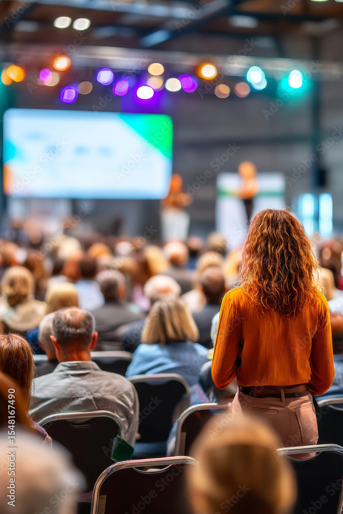 Naklejka premium Woman standing among audience during interactive conference session with speaker on stage