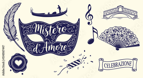 Mistero d’Amore carnival kit. Ornate Venetian mask, gondola, Rialto bridge, fan, quill, wax seal, fireworks cracker and musical notes in deep navy line