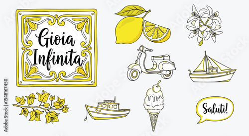 Gioia Infinita coastal joy set. Amalfi tile plaque, lemons, scooter, sailboats, ice-cream cone, jasmine blossom and Saluti speech bubble in sunny yellow and grey