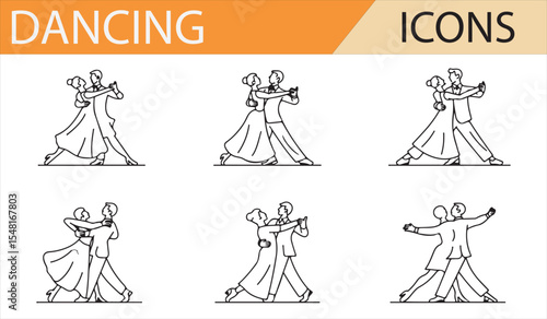 Collection of Dance Icons: Couple Dancing in Ballroom, Tango, and Other Styles