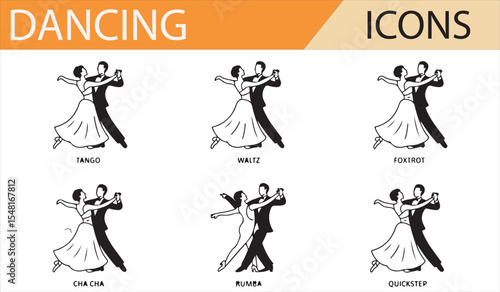Collection of Dancing Icons: Couples Dancing in Various Styles for Event, Dance Studio, and Performance Designs