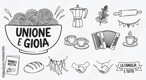 Unione e Gioia family table bundle. Bowl of pasta splash, moka pot, espresso cups, accordion, chili string, handshake, rolling pin and La famiglia è tutto banner in soft graphite