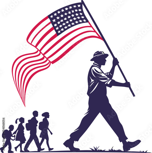 "Fourth of July parade with waving flag silhouette" on a white background