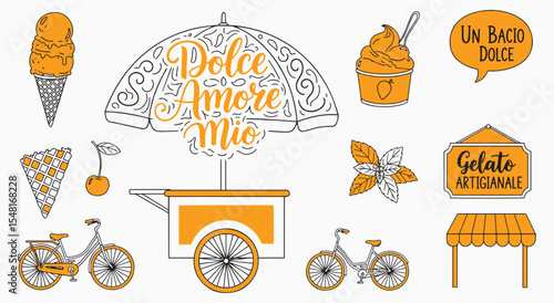 Dolce Amore Mio gelato cart pack. Decorative umbrella trolley, cones, scoops, bicycles, cherry slice, basil leaves and speech bubbles in sunny saffron outline