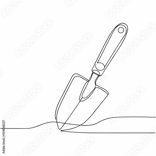 Garden trowel digging into soil in simple line art style  