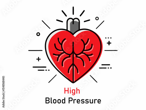 Flat vector icon of heart with veins and text high blood pressure isolated on white background