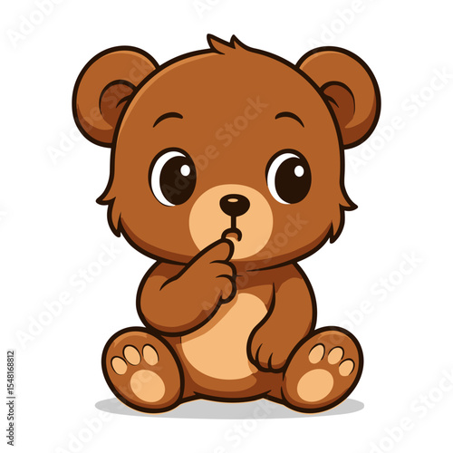 Adorable cartoon bear sits with finger to his mouth.