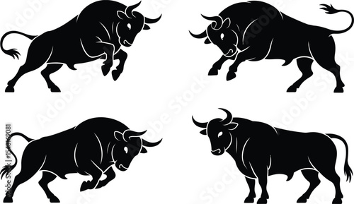 Set of bull silhouette vector illustrations in strong charging and standing poses for logo or symbol concepts