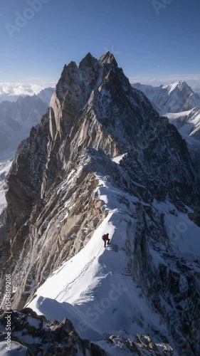 A mountaineer climbing a challenging, snow-covered mountain ridge on a sunny day.