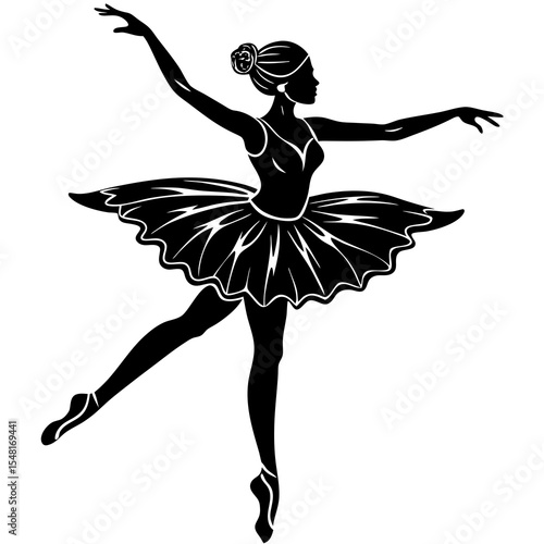 Silhouette of a ballerina in a graceful pose, isolated on white background