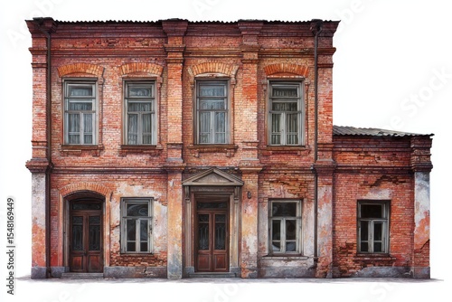Old brick building from the 18th century, with worn red brick, historical architecture, ornate windows and aged walls