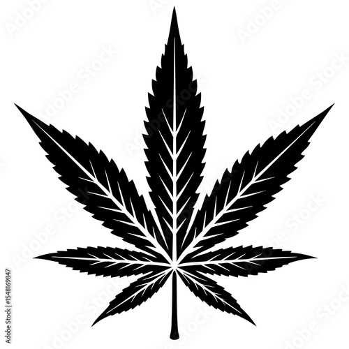 A detailed black silhouette of a cannabis leaf isolated on white background