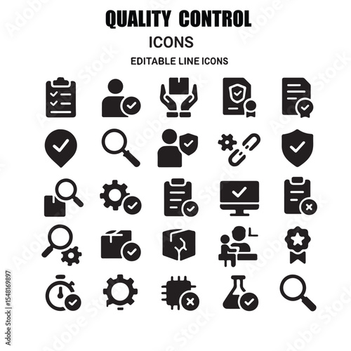  Quality control  icon set. Containing evaluation, inspection, product, certificate, quality check, defect, assurance, process, testing and more. Editable line icons. 