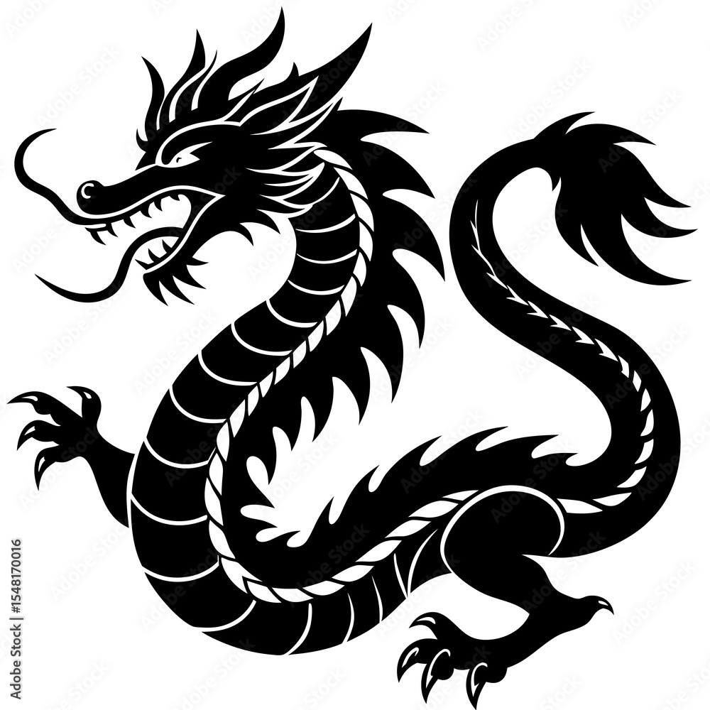Naklejka premium A fierce black chinese dragon is isolated on white background