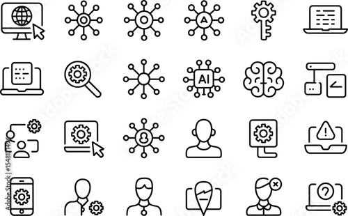 Collection of Black Line Icons Depicting Network Connections A I Technology Data Processing and User Interfaces