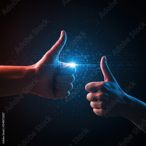 Human hand gesture showing thumbs up for success and approval. blue and red light effect on an abstract digital background with glowing finger touch interaction concept
