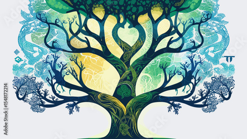 Intricate illustration of a tree of life with swirling patterns and vibrant colors, symbolizing nature and interconnectedness