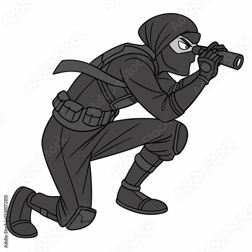A ninja spy is using binoculars. 