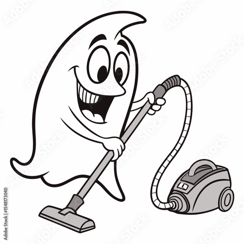 A cartoon ghost happily vacuuming with a canister vacuum cleaner, cleaning with a wide smile on its face