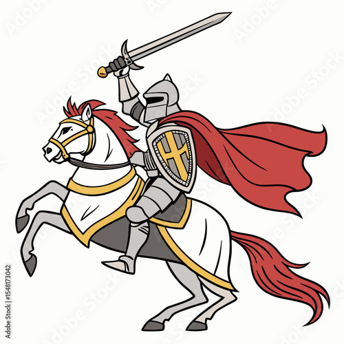 Illustration of a knight in armor riding a white horse with a red cape and holding a sword aloft victoriously
