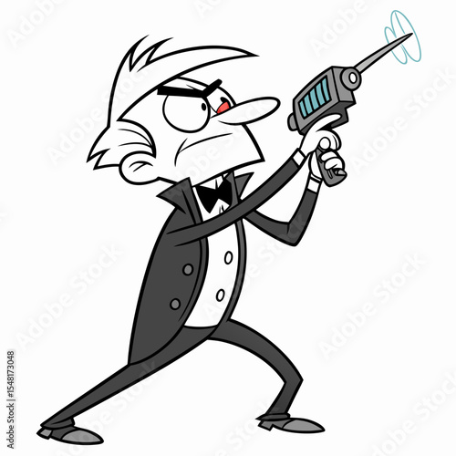 A cartoon character holding a ray gun and is ready to attack. 