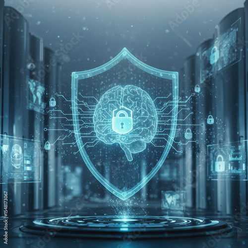 Conceptual data protection and digital security with brain and padlock inside shield. Futuristic technology in server room illustrates privacy and intellectual property