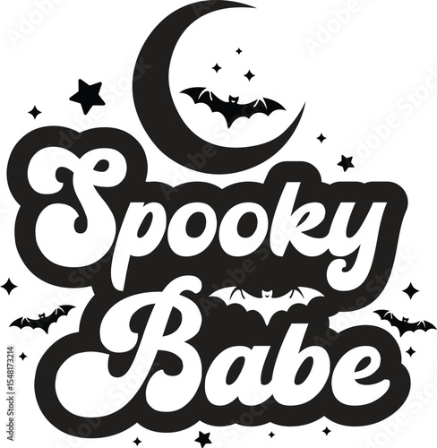 "Spooky Babe Halloween Typography T-Shirt Design with Bats and Moon"