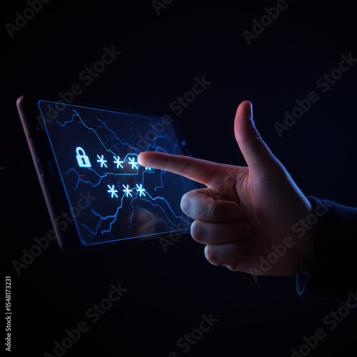 Focused finger touching futuristic screen to enter password for digital security. This abstract concept represents login, authentication, and network protection in cyberspace