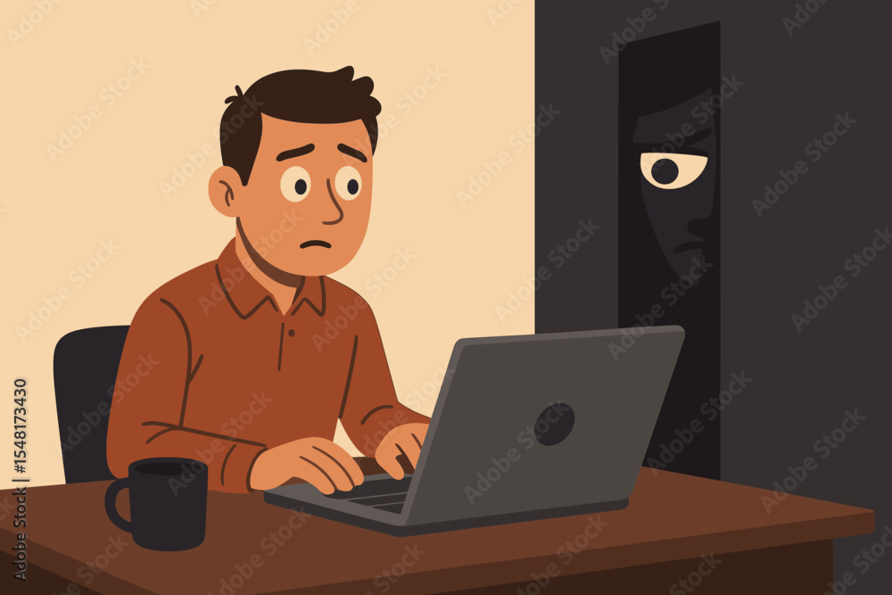 Unsuspecting office worker on laptop being secretly watched by hidden figure symbolizing cyber surveillance, online spying, data tracking, and digital privacy invasion in workplace environment Unsuspecting office worker on laptop being secretly watched by hidden figure symbolizing cyber surveillance, online spying, data tracking, and digital privacy invasion in workplace environment