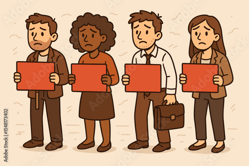 Unemployed diverse group of people with sad faces holding blank signs. Concept of job loss, economic recession, and unemployment crisis. Job seekers queuing for an opportunity. Vector illustration.