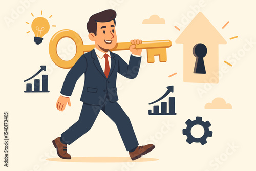 Businessman holding key to success. Unlocking potential. Professional development and career growth. Business solution. New skills and capabilities. Opportunity and achievement vector.