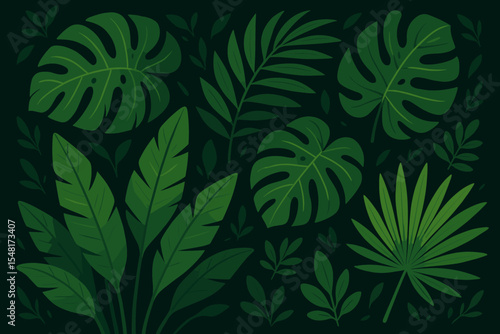 Tropical green leaves on a dark background. Vector illustration of exotic jungle foliage with monstera and palm fronds. Botanical nature pattern for summer design and wallpaper.
