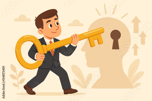 Unlocking potential and new skills. Businessman holds a large key to open a lock in a head silhouette. Metaphor for professional development, growth mindset, learning and finding a solution.