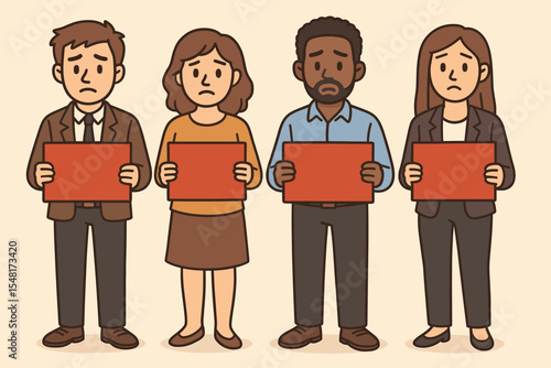 Diverse group of unemployed people with sad faces holding blank red signs. Job seekers looking for work during an economic crisis or recession. Cartoon vector illustration concept.