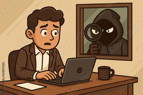 Unsuspecting office worker spied on by masked stalker through window. Concept of online surveillance, digital spying, hacker threat, workplace privacy invasion, cybersecurity risks