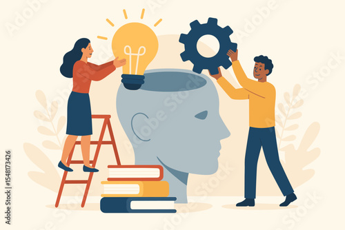 Upskilling and reskilling concept. Man and woman put light bulb idea and gear skill into human head. Metaphor for personal development, career growth, knowledge, and education.