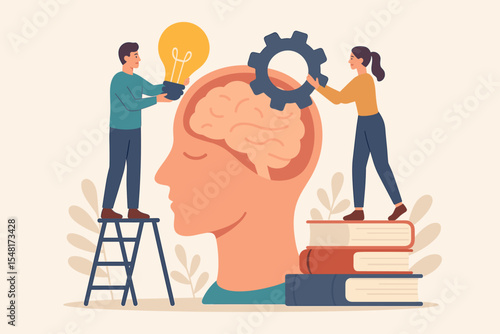 Upskilling and reskilling for professional development and career growth. People putting light bulb idea and gear skill into human head. Knowledge, education, and learning metaphor.