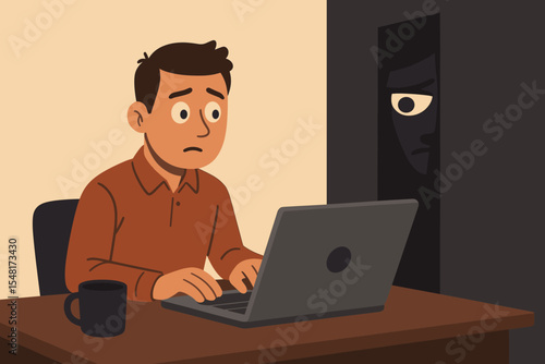 Unsuspecting office worker on laptop being secretly watched by hidden figure symbolizing cyber surveillance, online spying, data tracking, and digital privacy invasion in workplace environment