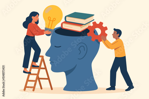 Upskilling and reskilling concept with team putting lightbulb, books and gear into human head. Metaphor for knowledge, learning, new skills, career growth and professional development.