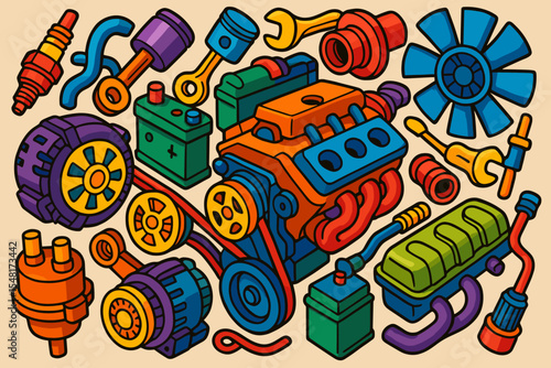 Vibrant cartoon car engine parts set. Colorful vector illustration of auto components for mechanic service. Automotive doodle collection with motor, piston, battery, and repair tools.