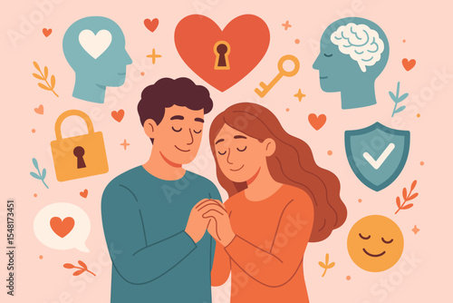 Healthy relationship and mental health vector concept. Loving couple illustrates trust, security, and emotional well-being. Psychology icons include heart lock, key, and brain.