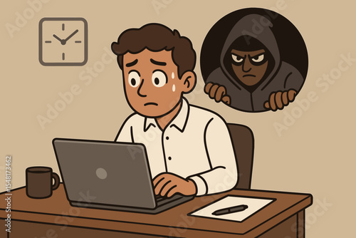 Cartoon office worker on laptop under hidden hacker stalker surveillance from shadow, illustrating online privacy invasion, workplace cybersecurity breach and digital spying threat vector illustration