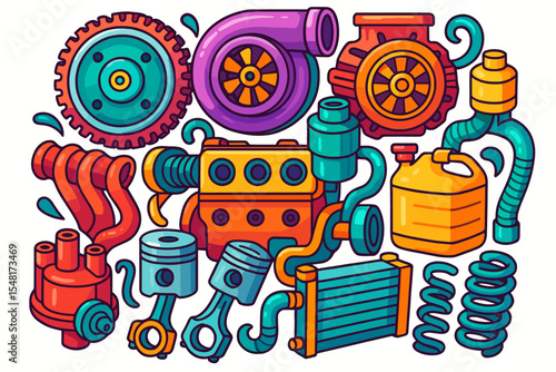 Automotive engine parts and components vector set. Colorful cartoon illustration for car service, repair or garage. Collection of isolated icons like turbocharger, piston, motor.