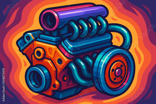 Powerful car engine vector illustration. Colorful cartoon V8 motor concept for hot rod or muscle car tuning. Psychedelic retro style automotive graphic for racing and mechanic themes.